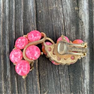 Vintage signed Kramer pink and white circles and gold lucite clip on earrings